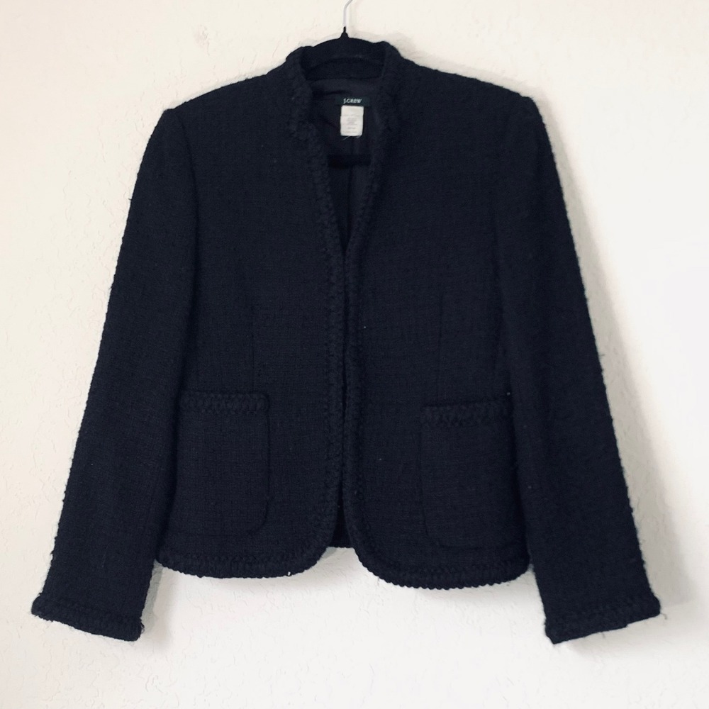 J.Crew Blazer Women 2 Black Wool Boucle Tweed Braided Quiet Luxury Old Money